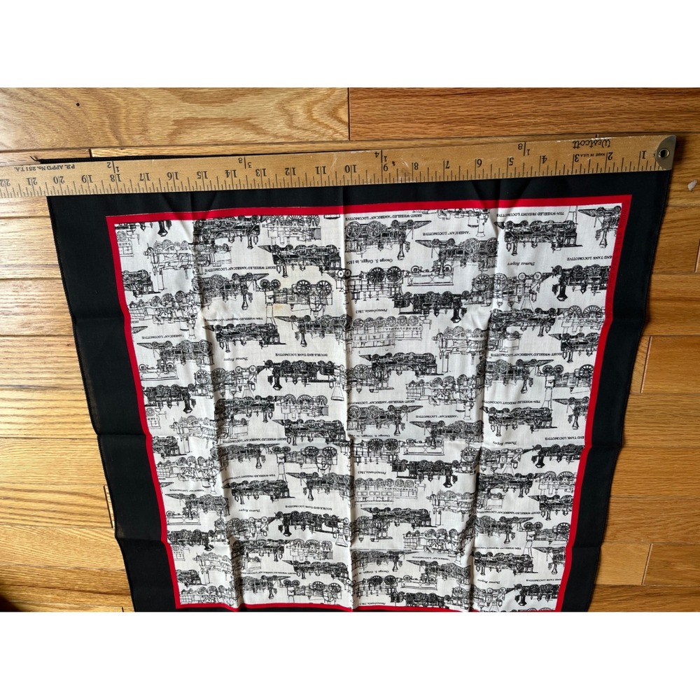 Vintage Steam Locomotive Train Print Square Scarf Black Red White 21x21 - Picture 5 of 5